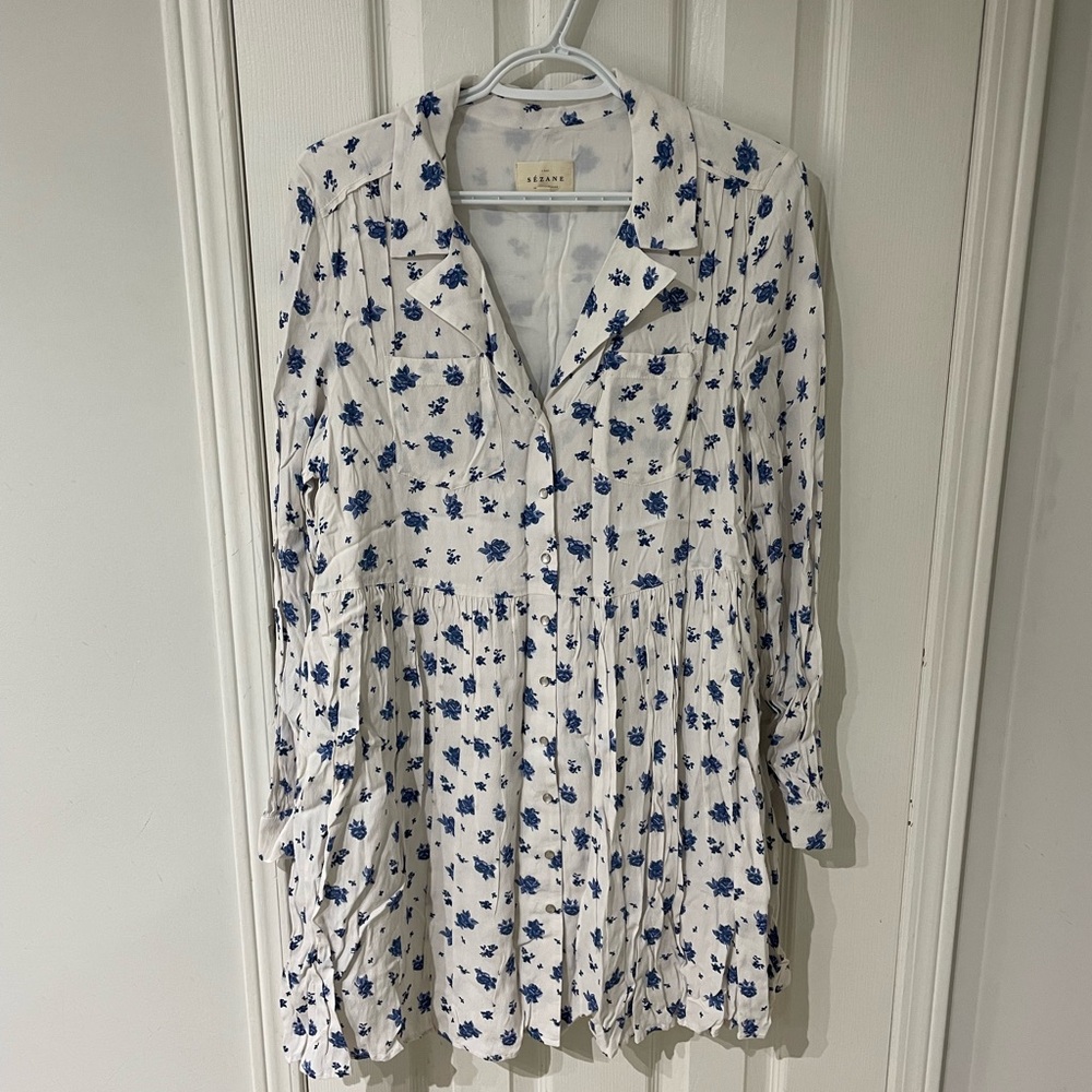 Sezane Aurora Blue Floral Button-Up Dress